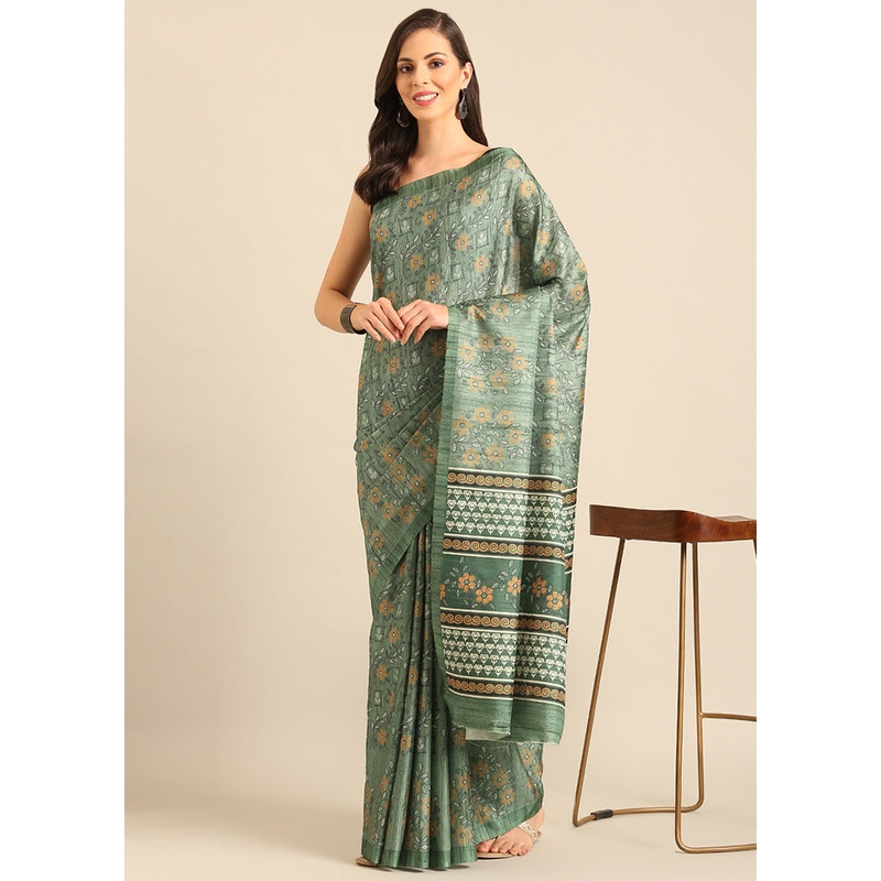 Green Cotton Saree With Blouse Piece - JD986611751