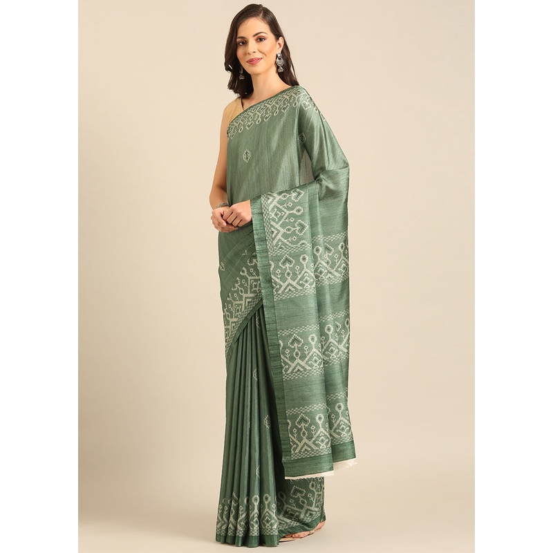 Green Cotton Saree With Blouse Piece - JD986611752