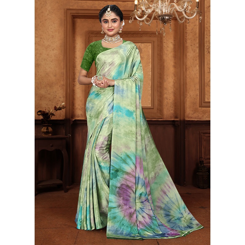 Green Crepe Silk Saree With Blouse Piece - JD986611849