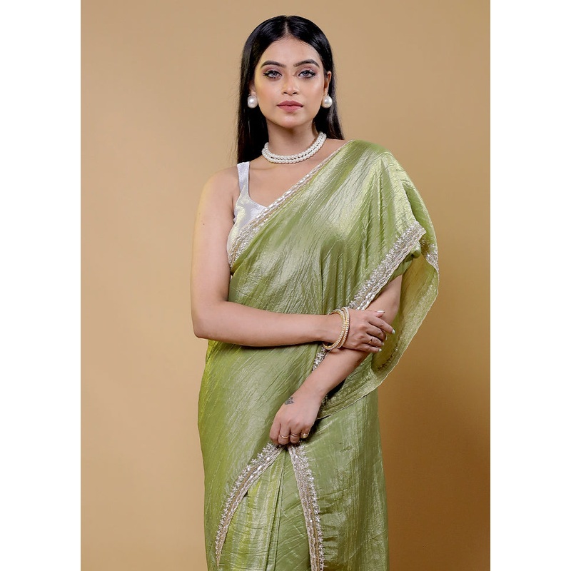 Green Crushed Tissue Silk Saree With Blouse Piece - JD986611798