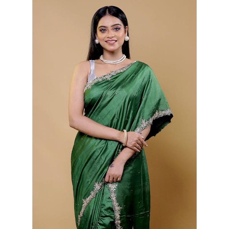 Green Handloom Tussar Pure Silk Saree With Blouse Piece - JD986611796