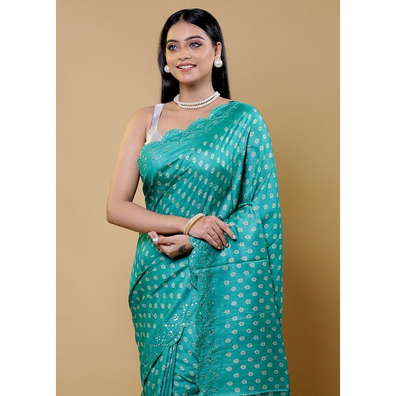Green Handloom Tussar Pure Silk Saree With Blouse Piece - JD986611797