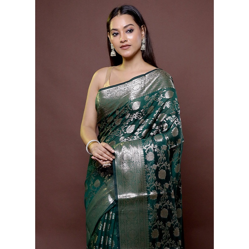 Green Kora Silk Saree With Blouse Piece - JD986611876