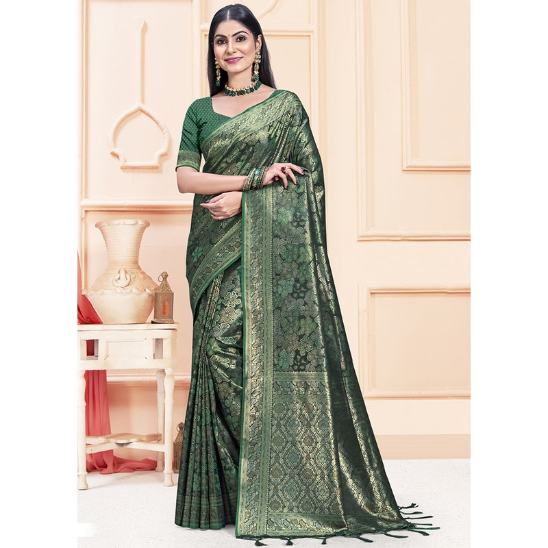 Green Satin Silk Saree With Blouse Piece - JD986611745