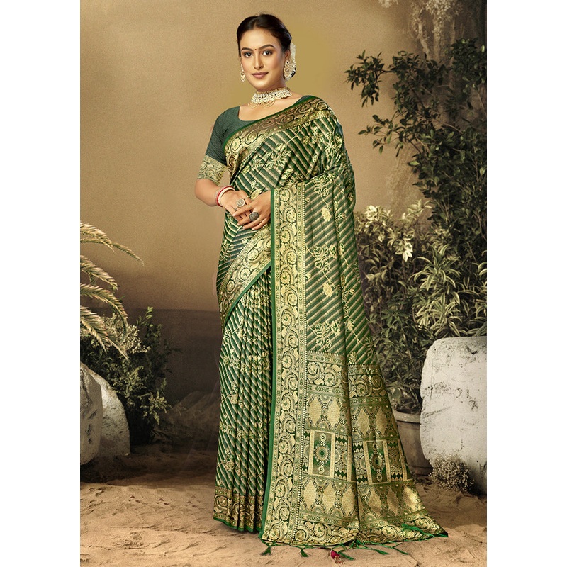 Green Satin Silk Saree With Blouse Piece - JD986611746