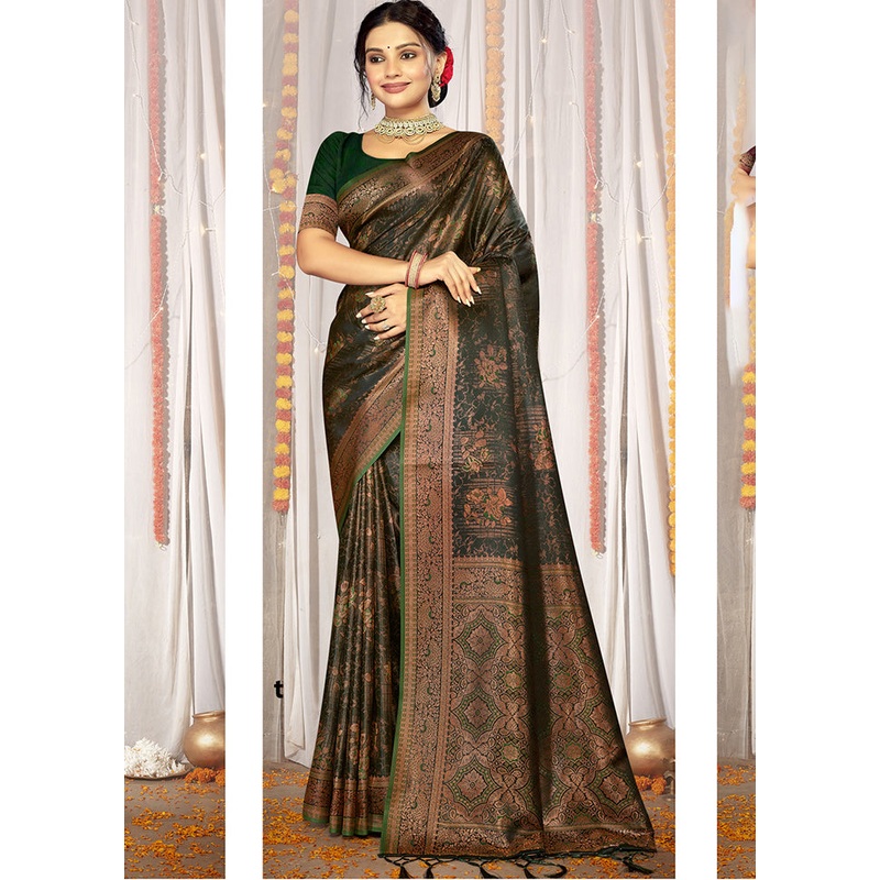 Green Satin Silk Saree With Blouse Piece - JD986611747