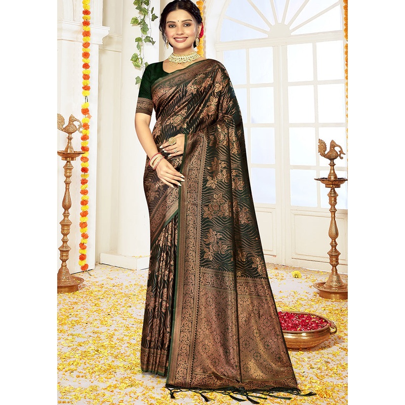 Green Satin Silk Saree With Blouse Piece - JD986611748