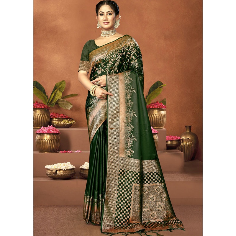 Green Satin Silk Saree With Blouse Piece - JD986611749