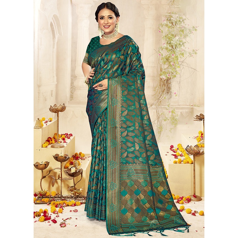 Green Satin Silk Saree With Blouse Piece - JD986611750