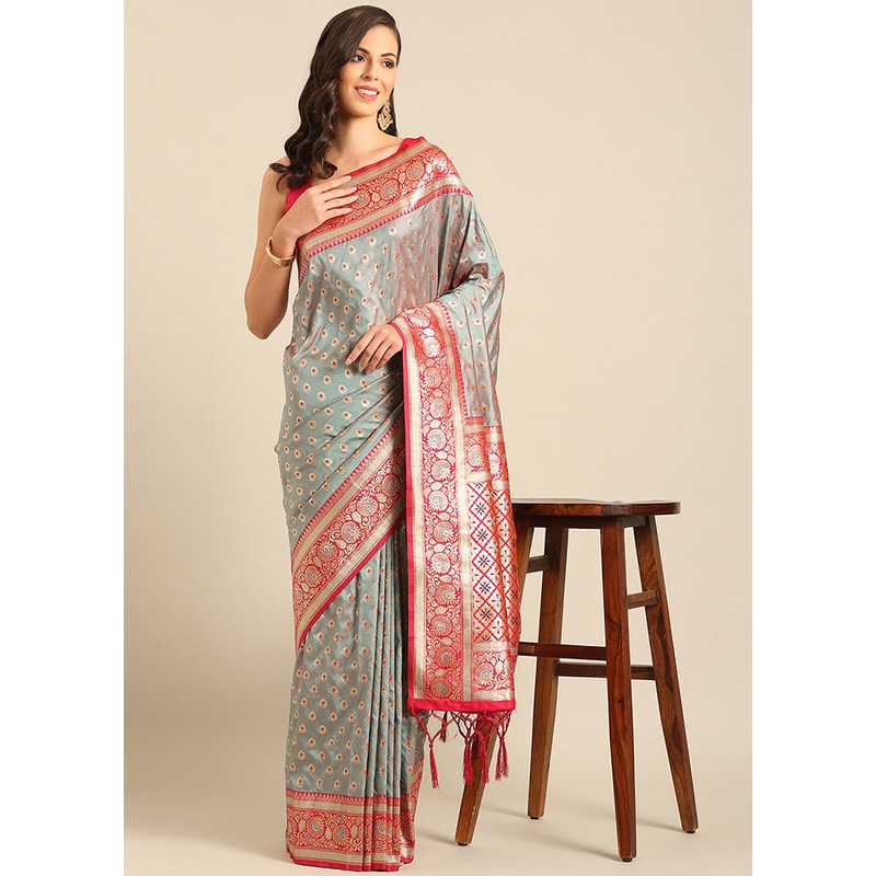 Grey Banarasi Silk Saree With Blouse Piece - JD986611680