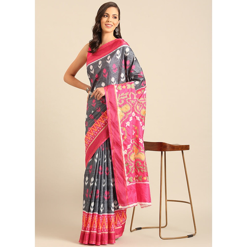 Grey Cotton Saree With Blouse Piece - JD986611742
