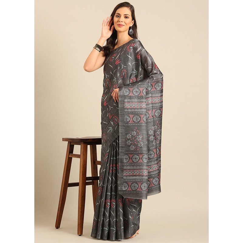 Grey Cotton Saree With Blouse Piece - JD986611743