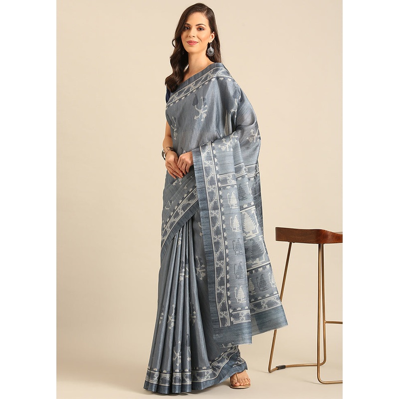 Grey Cotton Saree With Blouse Piece - JD986611744