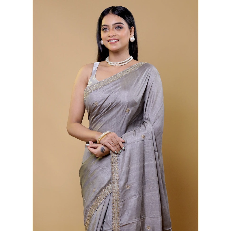 Grey Handloom Tussar Pure Silk Saree With Blouse Piece - JD986611794