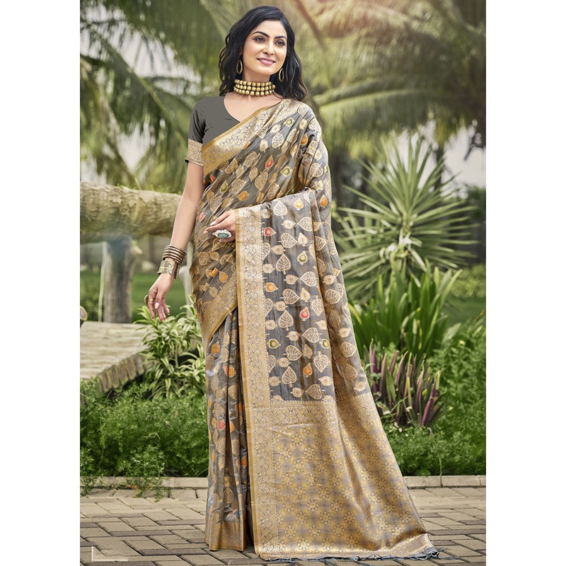 Grey Organza Saree With Blouse Piece - JD986611740