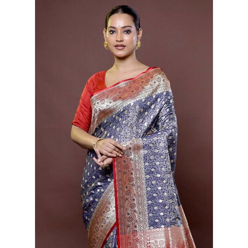 Grey Tanchoi Silk Saree With Blouse Piece - JD986611871