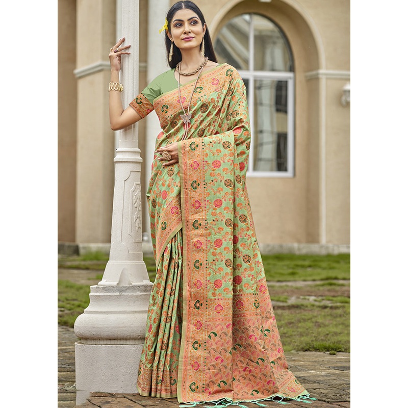 Light Green Dupion Silk Saree With Blouse Piece - JD986611734