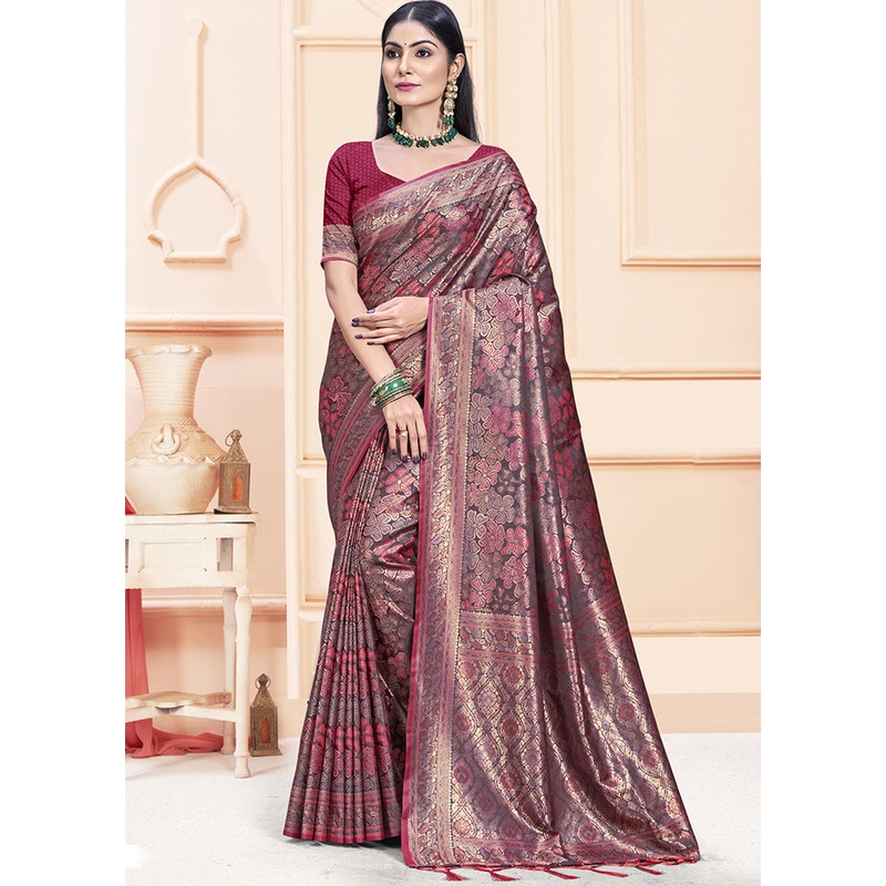 Magenta Satin Silk Saree With Blouse Piece - JD986611727