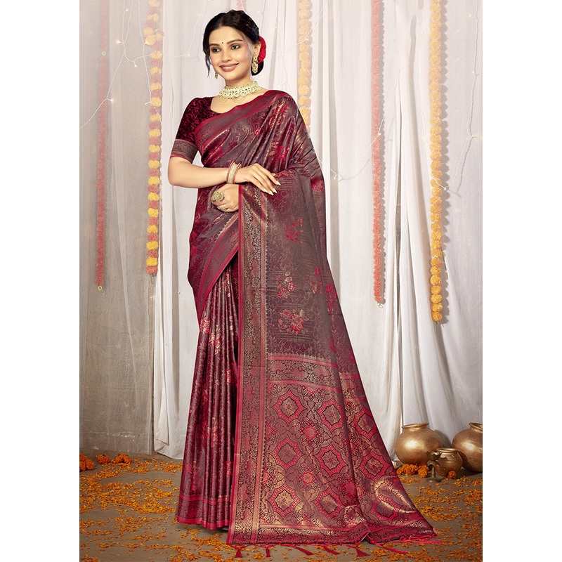 Magenta Satin Silk Saree With Blouse Piece - JD986611728