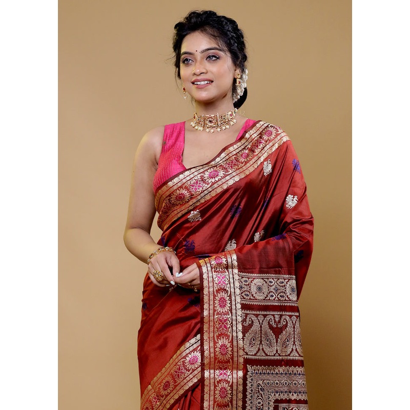 Maroon Handloom Baluchari Pure Silk Saree With Blouse Piece - JD986611793