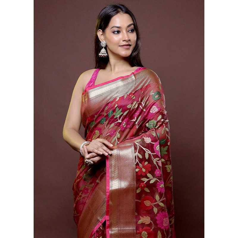 Maroon Organza Saree With Blouse Piece - JD986611870