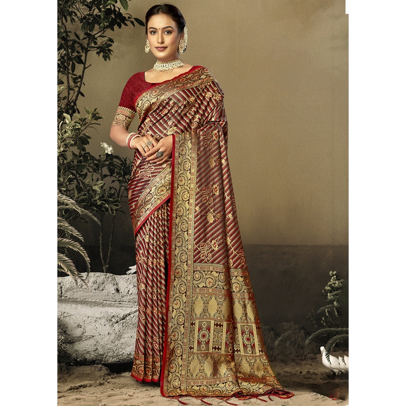 Maroon Satin Silk Saree With Blouse Piece - JD986611724