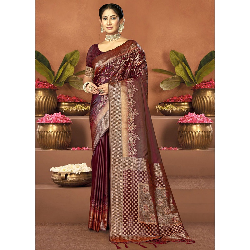 Maroon Satin Silk Saree With Blouse Piece - JD986611726