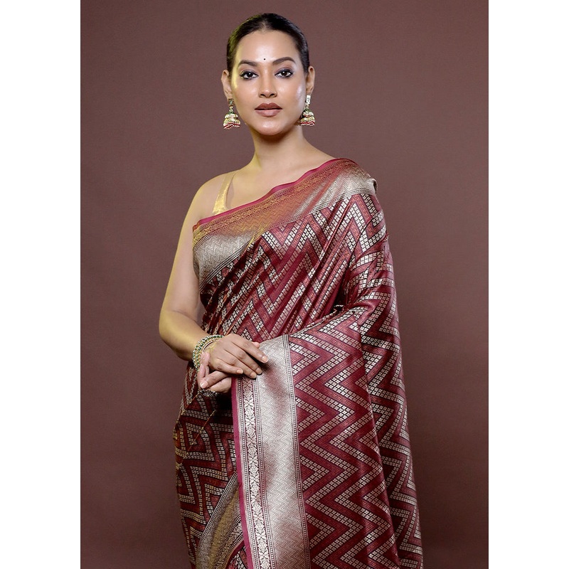 Maroon Uppada Silk Saree With Blouse Piece - JD986611868