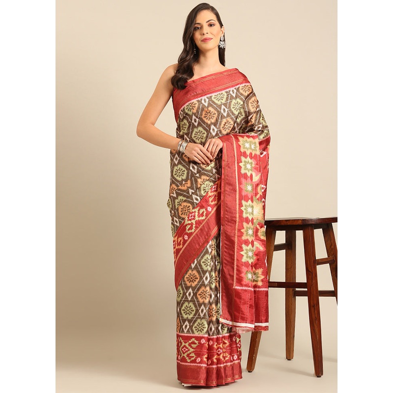 Olive Green Cotton Saree With Blouse Piece - JD986611719