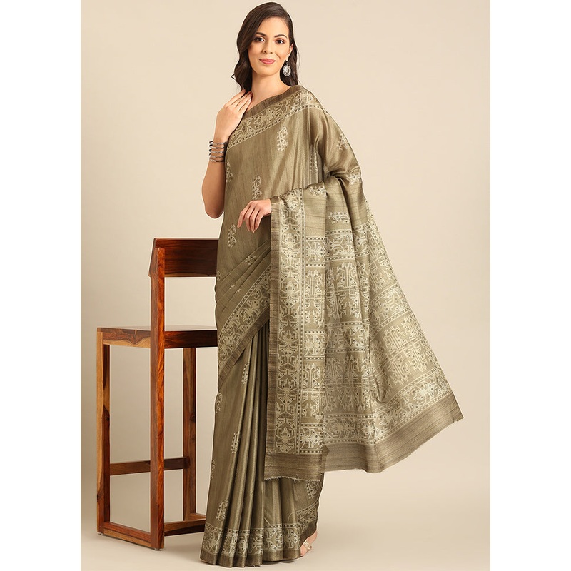 Olive Green Cotton Saree With Blouse Piece - JD986611720