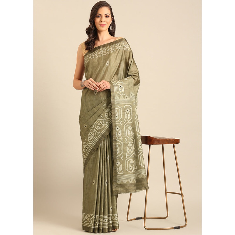 Olive Green Cotton Saree With Blouse Piece - JD986611721