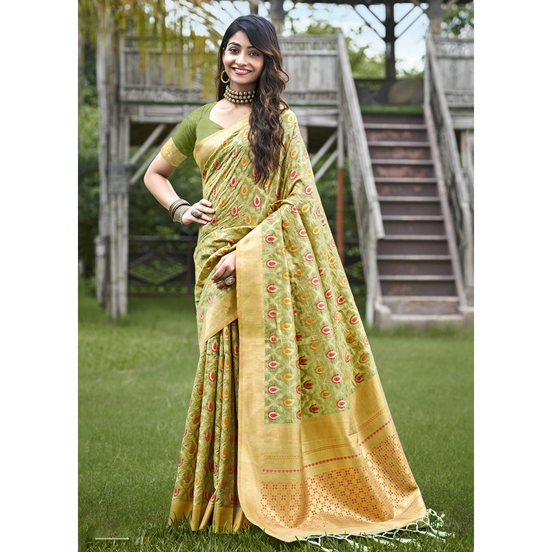 Olive Green Organza Saree With Blouse Piece - JD986611716