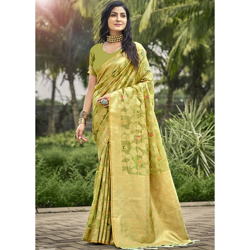 Olive Green Organza Saree With Blouse Piece - JD986611717