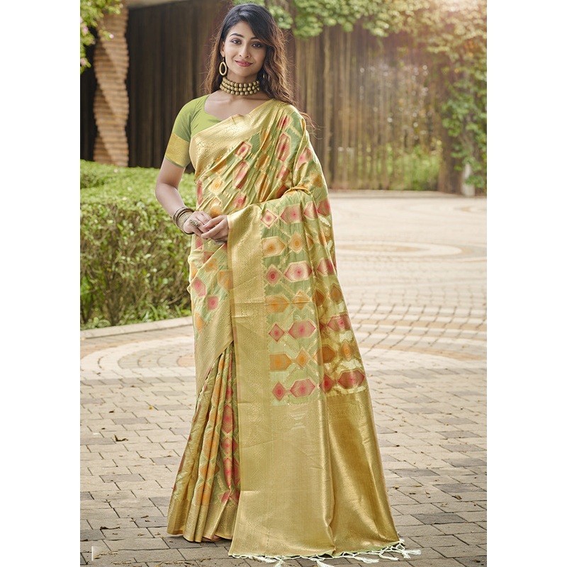 Olive Green Organza Saree With Blouse Piece - JD986611718