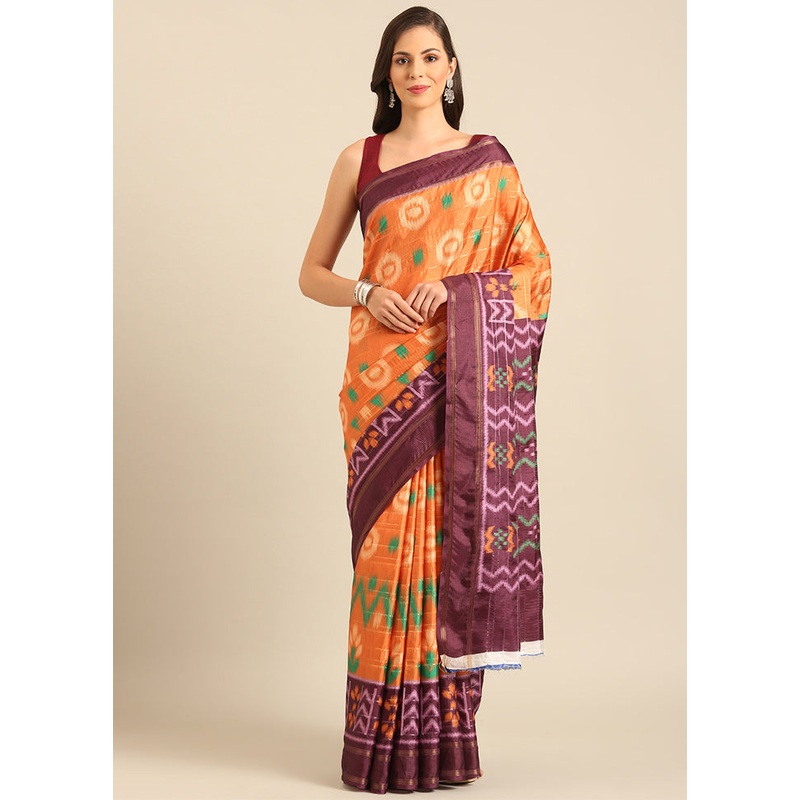 Orange Cotton Saree With Blouse Piece - JD986611715
