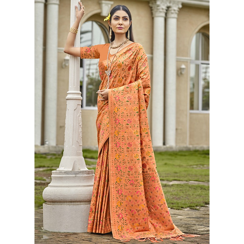 Orange Dupion Silk Saree With Blouse Piece - JD986611714