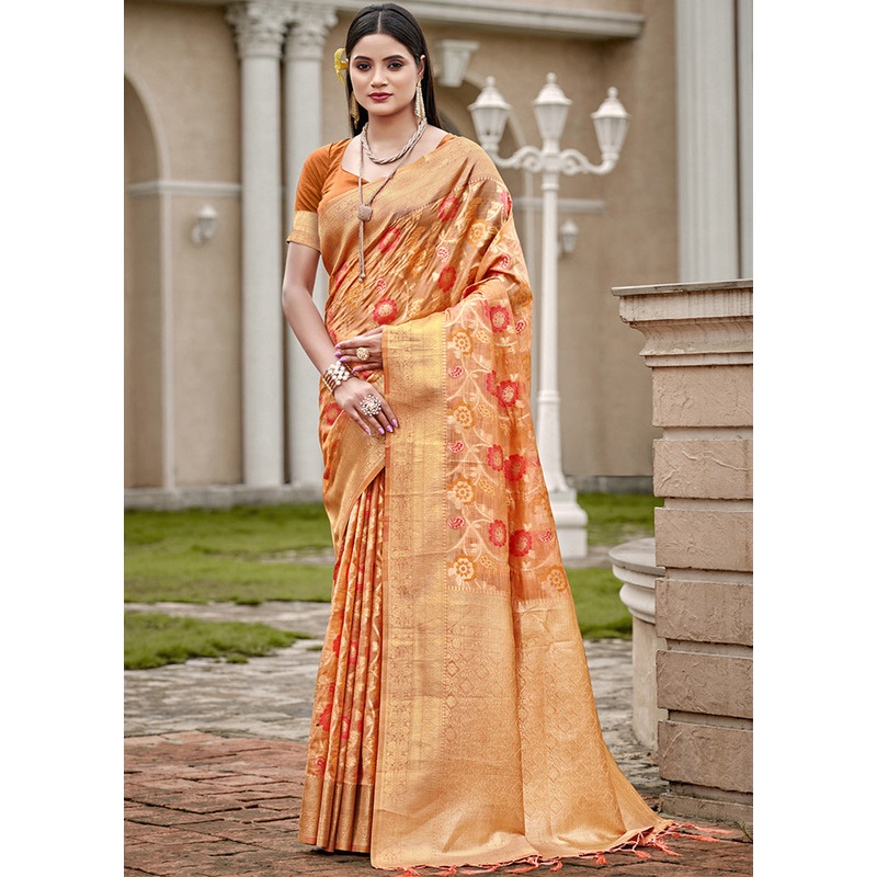 Orange Organza Saree With Blouse Piece - JD986611709