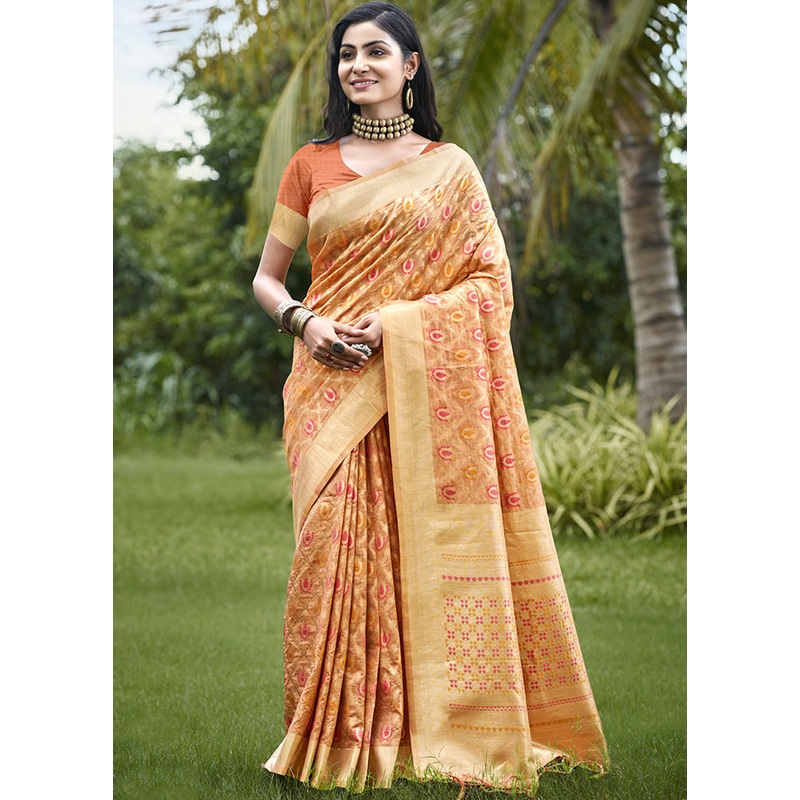 Orange Organza Saree With Blouse Piece - JD986611711