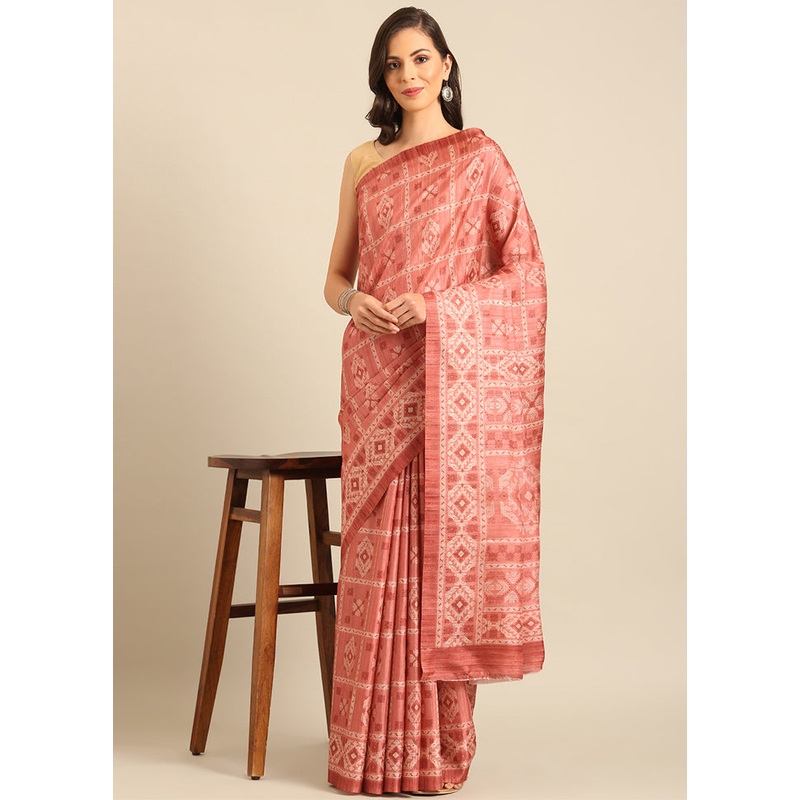 Peach Cotton Saree With Blouse Piece - JD986611708