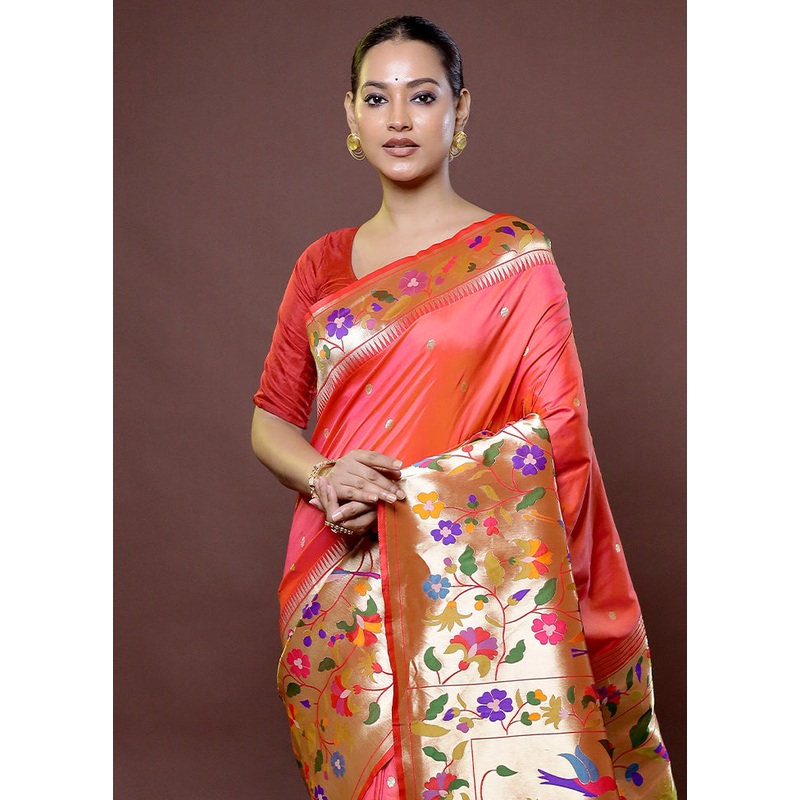 Peach Handloom Kanjivaram Pure Silk Saree With Blouse Piece - JD986611864
