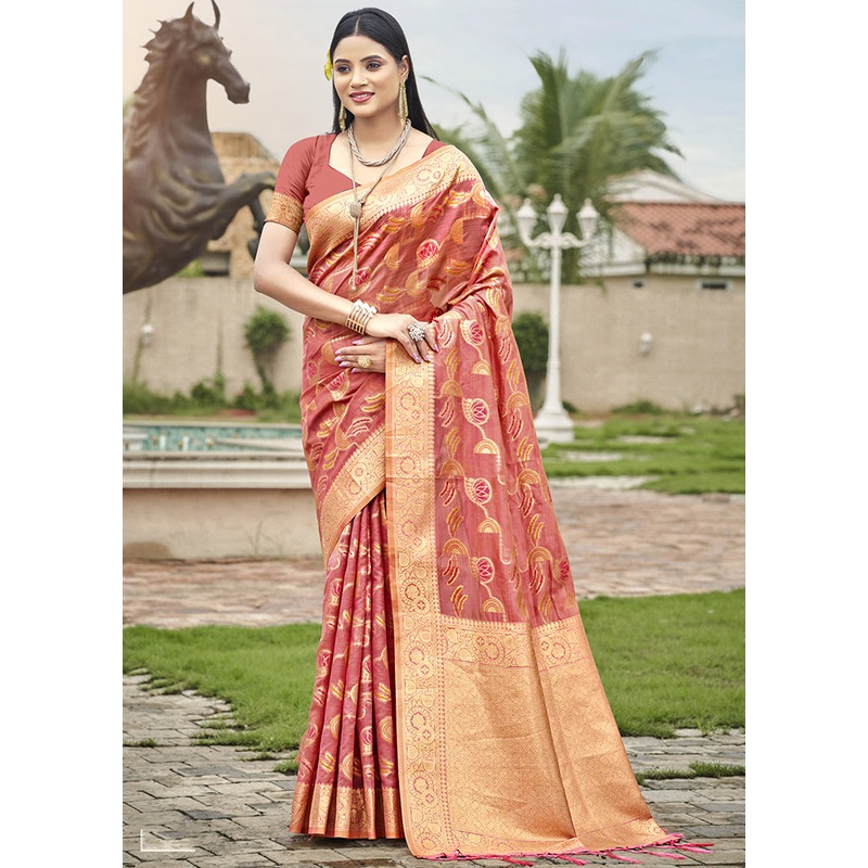 Peach Organza Saree With Blouse Piece - JD986611696