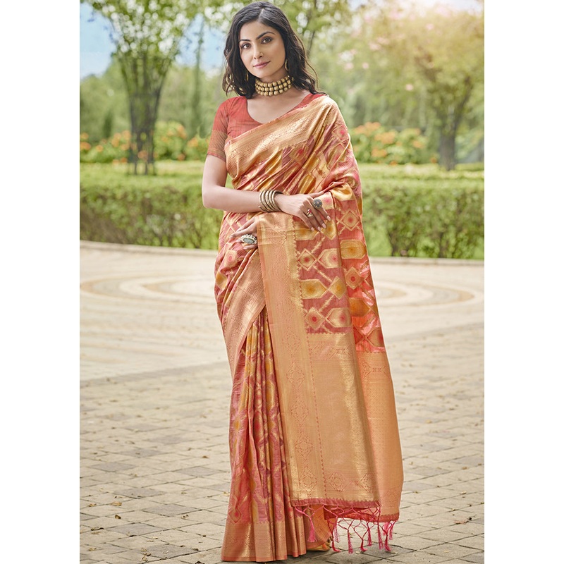 Peach Organza Saree With Blouse Piece - JD986611699