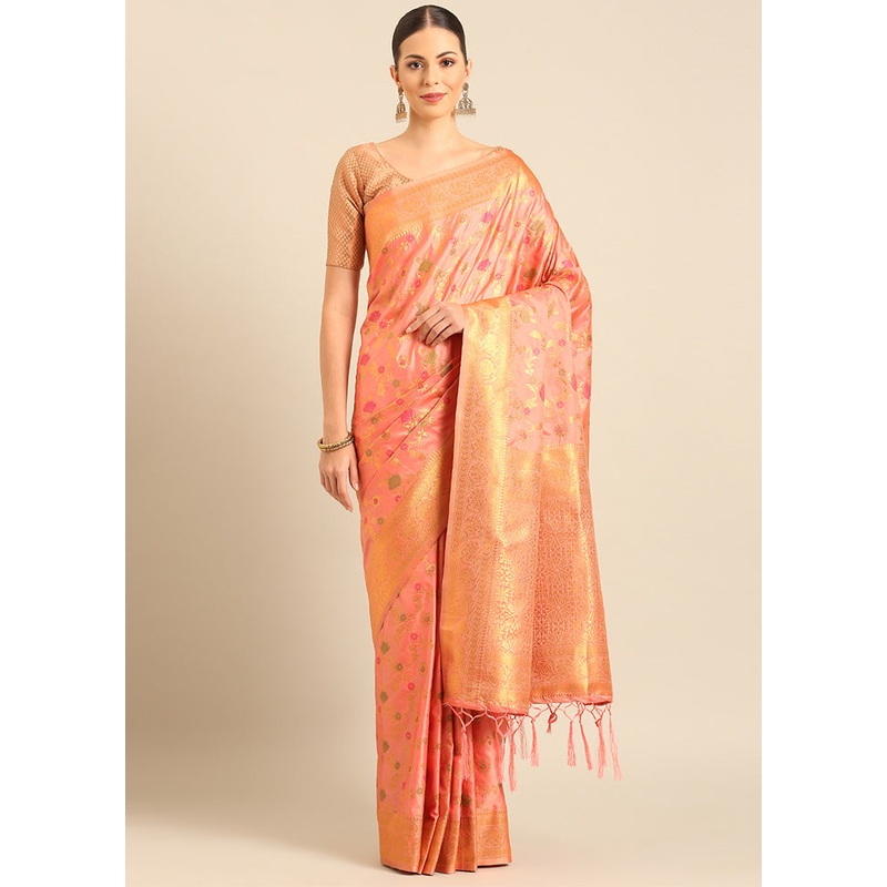 Pink Banarasi Silk Saree With Blouse Piece - JD986611705
