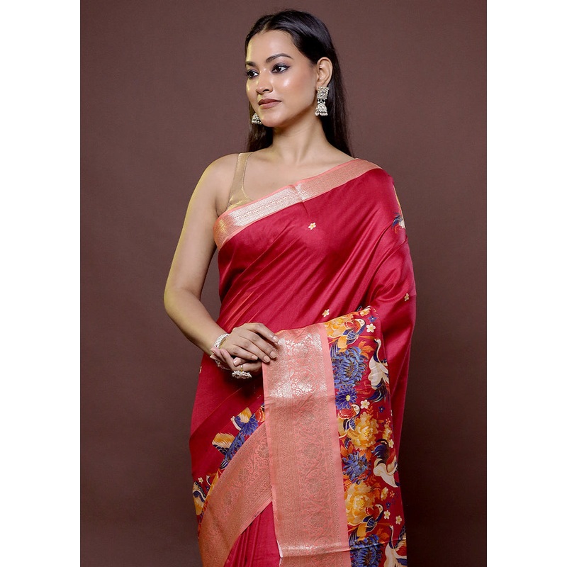 Pink Chanderi Cotton Saree With Blouse Piece - JD986611866