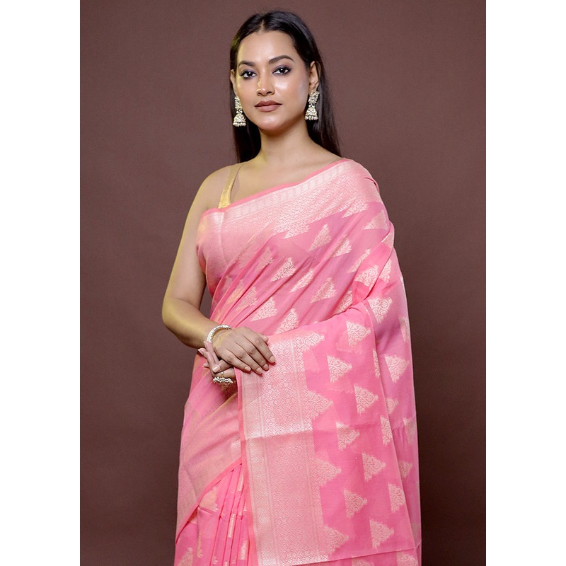 Pink Cotton Saree With Blouse Piece - JD986611865