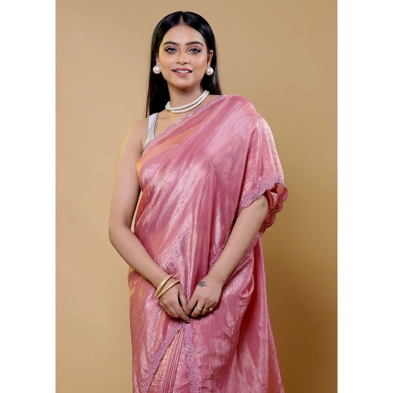 Pink Crushed Tissue Silk Saree With Blouse Piece - JD986611792