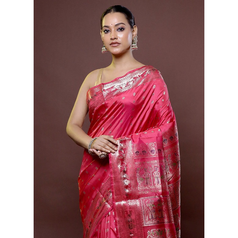 Pink Handloom Baluchari Pure Silk Saree With Blouse Piece - JD986611858