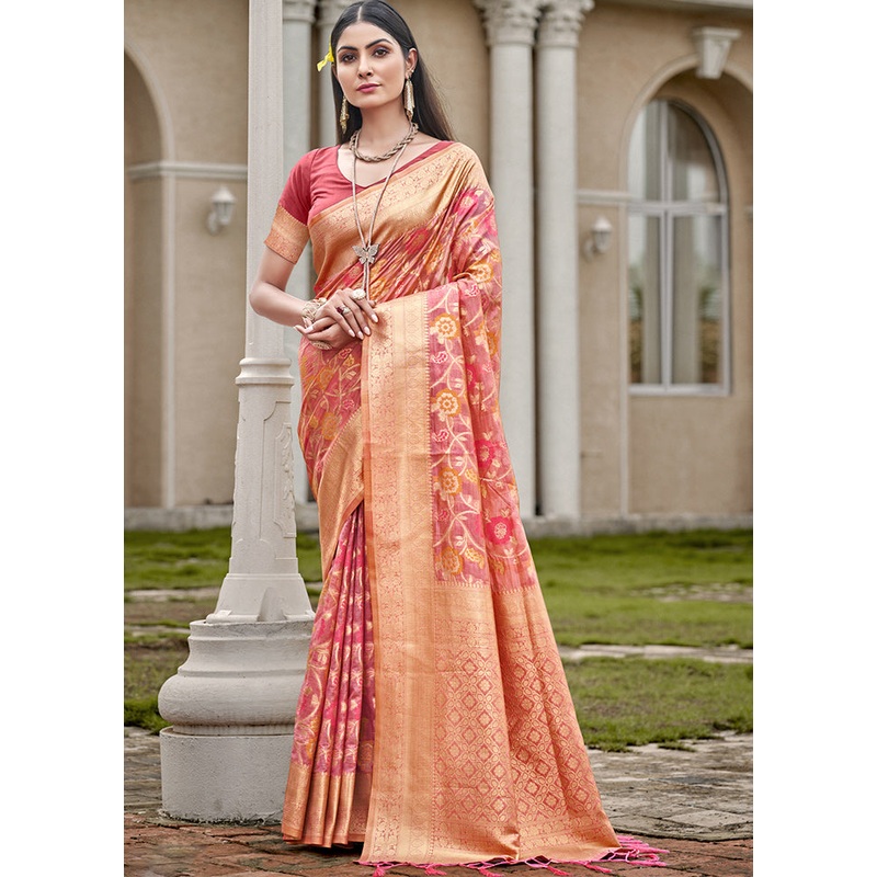 Pink Organza Saree With Blouse Piece - JD986611695