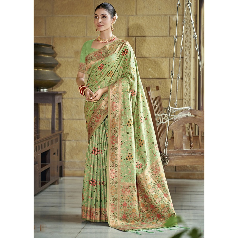 Pista Green Dupion Silk Saree With Blouse Piece - JD986611693