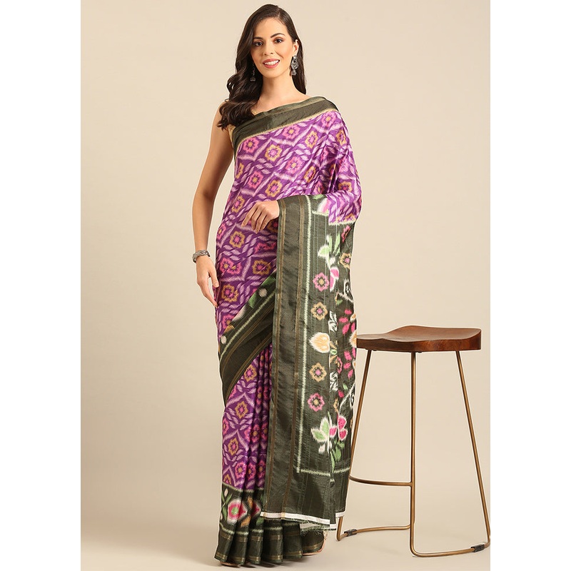 Purple Cotton Saree With Blouse Piece - JD986611691